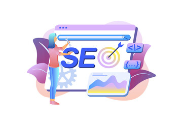 Aufkleber - SEO violet gradient concept with people scene in the flat cartoon style. Employee analyzes Internet data about websites.
