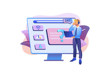 Poster - Online helpdesk violet gradient concept with people scene in the flat cartoon design. Help desk employee explains to the client how to fix technical problems.