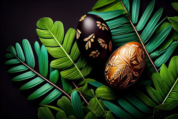 Two colorful Easter eggs in an Easter nest on green palm leaves and other tropical plant leaves on black background. Generative AI