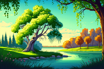 Poster - Springtime meadow with a tree by the water's edge. Ukraine's Seret River is the location. enchanting scene of an exotic summer scene. Natural wallpaper that is perfect. Nature image. Discover the sple