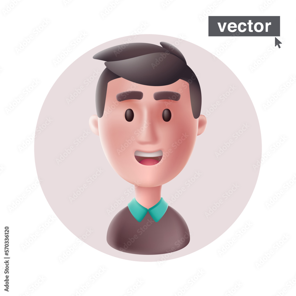 Young smiling man avatar in circle frame. Realistic 3D style vector ...