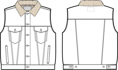 Men unisex sherpa denim vest trucker vector flat technical drawing illustration mock-up template for design and tech packs fashion CAD streetwear fashion brand design tool resource file regular fit.