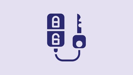 Poster - Blue Car key with remote icon isolated on purple background. Car key and alarm system. 4K Video motion graphic animation