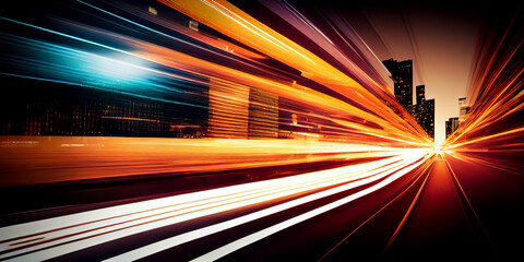 Wall Mural - abstract long exposure dynamic speed light trails in an urban environment. generative ai