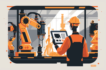  2D flat illustration,In intelligent on monitoring, an industrial engineer manager uses a tablet to control an automation robot arm.  Industry 4.0 is a concept.Trendy vector style ,Flat vector 