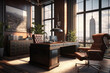 © aicandy - Elegant industrial style executive office with leather armchair, metal desk, and city view, generative ai