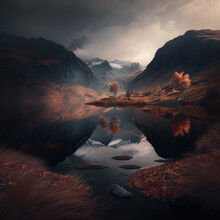 The Orange And Golden Hues Of Autumn Paint The Skies Above A Tranquil Lake Nestled In The Heart Of Misty, Towering Mountains For A Moody And Ethereal Scene. AI Generative