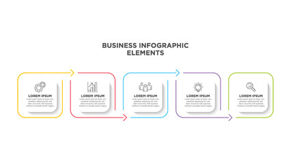 Infographics business template. Visualization of 5-stepped business process. Simple infographic design template. Flat vector illustration for presentation, report.