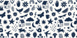 Monochrome hand drawn seamless pattern with cute doodle objects, perfect for textile or paper design. Vector illustration