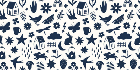 Wall Mural - Monochrome hand drawn seamless pattern with cute doodle objects, perfect for textile or paper design. Vector illustration