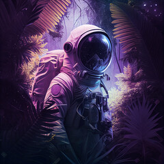 Wall Mural - 3d illustration of science fiction scene showing surreal astronaut in neon lit swampy forest on wate