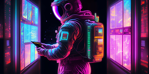 Wall Mural - retrowave neon 3d illustration of space suit wearing male figure accessing virtual terminal. alien d