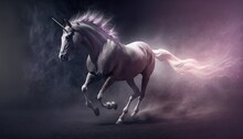  A White Unicorn Running In The Dark With A Pink Mane On Its Back And A Pink Tail On Its Head, With A Black Background Of Smoke And Light.  Generative Ai