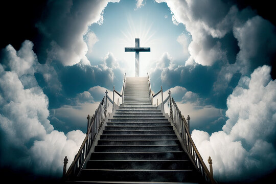 light to heavenly sky with cross symbol, stairway steps door leading to heaven. resurrection and ent