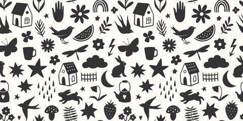 Hand drawn seamless pattern with doodle silhouette objects. Animals, stars, flowers, cute little symbols. Perfect for textile or paper wrapping design. Vector illustration