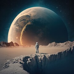 Poster - Astronaut standing on the moon looking at a large earth like planet, generative ai