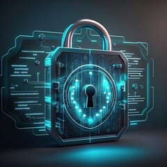 Poster - Concept of cyber security and data protection with a digital glowing padlock on a virtual screen, generative ai
