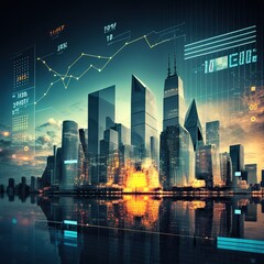 Poster - stock market is a business concept. financial graphs and digital indicators on a modernistic citysca