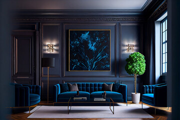 Rich Navy blue living room with lounge zone navy blue sofa and armchair. Luxury living room interior design.