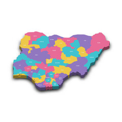  Nigeria political map of administrative divisions - states and federal capital territory. Colorful 3D vector map with dropped shadow and country name labels.