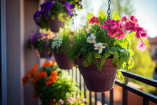 Plants And Flowers In Pots Hanging From A Condominium Balcony In The Style Of A Realistic Photo And Made With Generative AI
