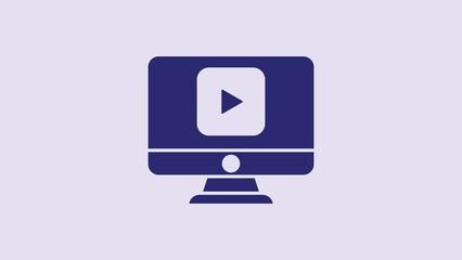 Sticker - Blue Online play video icon isolated on purple background. Computer monitor and film strip with play sign. 4K Video motion graphic animation