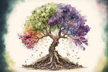 The Tree Of Life In Colorful Spring Watercolor Painting Style . Sublime Generative AI Image .