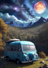 camping in the mountains. trailer car, caravan, journey, rocks, star landscape