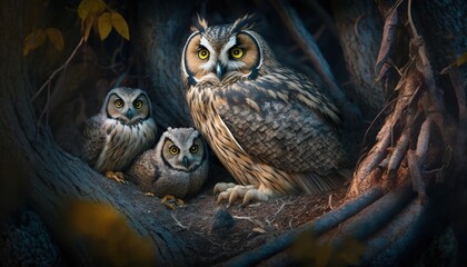  a painting of two owls sitting in a tree with yellow eyes and a dark background with leaves and branches, with a dark background with a few leaves and a few yellow.  generative ai