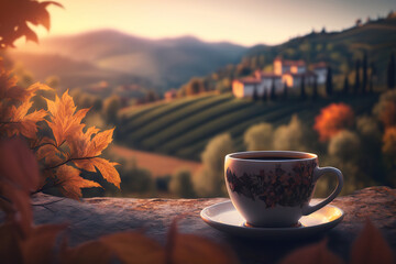 Cup of coffee or tea on the background of Tuscany, Italy. Based on Generative AI