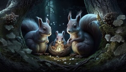 Sticker -  three squirrels are sitting in a forest with a light in their hole in the middle of the picture, surrounded by mushrooms and leaves, and a fairy tale.  generative ai