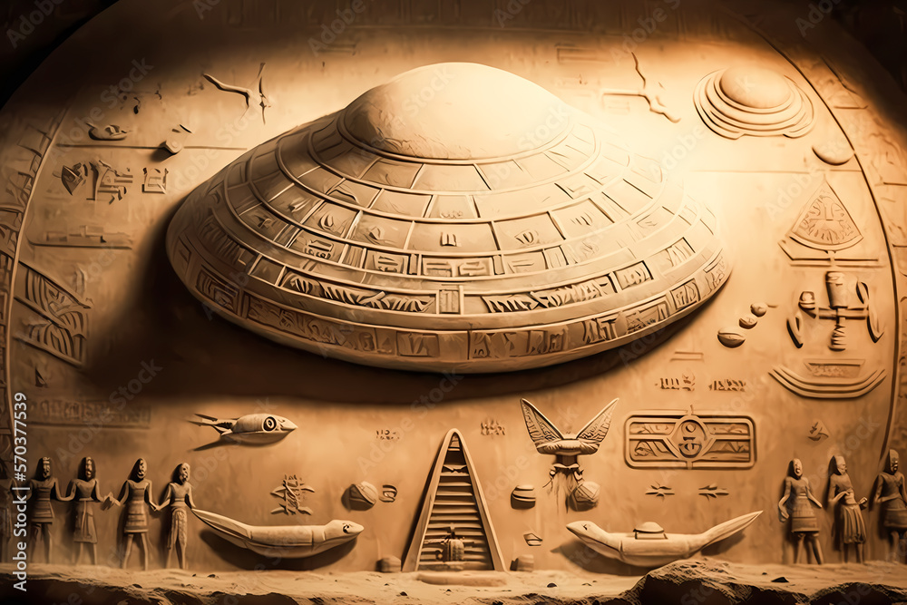 Ilustrace Old Egyptian hieroglyphs with UFO Aliens on ancient background,  humanoid Flying saucer on Earth. Generation AI ve službě Stock | Adobe Stock