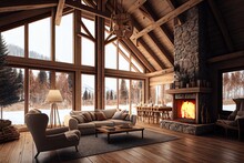 Chalet Interior Of Wooden Living Room With Fireplace Overlooking Winter Garden. Generative AI