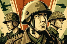 Movie Poster With Three Portraits Of Special Forces Soldiers In Ammunition In Vintage Retro Style. Generative AI
