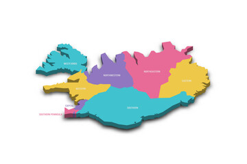  Iceland political map of administrative divisions - regions. Colorful 3D vector map with dropped shadow and country name labels.