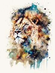 Wall Mural - Watercolor lion cartoon style. Minimaliste style, infinite color, particule effect hair, Generative AI