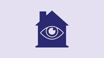 Sticker - Blue House with eye scan icon isolated on purple background. Scanning eye. Security check symbol. Cyber eye sign. 4K Video motion graphic animation