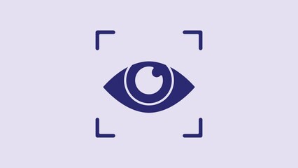 Sticker - Blue Eye scan icon isolated on purple background. Scanning eye. Security check symbol. Cyber eye sign. 4K Video motion graphic animation