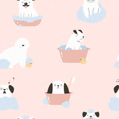 Wall Mural - Seamless patterns with funny washing dogs of different breeds