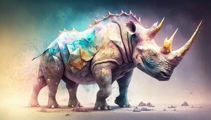 Canvas Print -  a rhinoceros with a lot of colors on it's face and neck, standing in a desert area with rocks and rocks.  generative ai