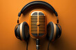 © jfStock - Microphone and headphones for podcast on orange background. generative ai