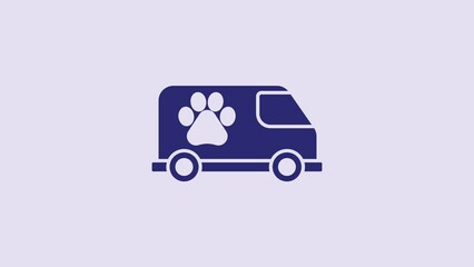 Poster - Blue Veterinary ambulance icon isolated on purple background. Veterinary clinic symbol. 4K Video motion graphic animation