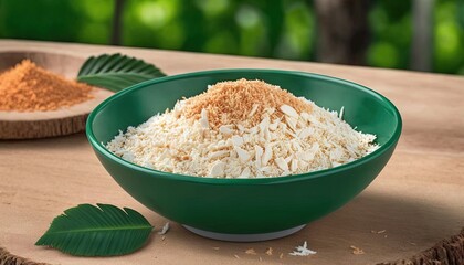 Poster -  a green bowl filled with rice sitting on top of a wooden table next to a wooden spoon and a green leaf on top of a wooden table.  generative ai