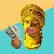 gold statue with hand of money isolated on yellow and blue  background 