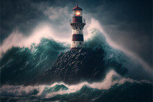 A Photograph Of A Lone Lighthouse Standing Tall On A Cliff, With The Waves Crashing Below - Generative AI