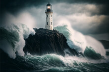 A Photograph Of A Lone Lighthouse Standing Tall On A Cliff, With The Waves Crashing Below - Generative AI