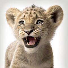 Poster -  a young lion cub with its mouth open and it's mouth wide open, with its mouth wide open, showing teeth and teeth.  generative ai