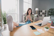 © deagreez - Photo of happy lady director seo have free time enjoy mug fresh energy beverage chatting friends video call comfort office home indoor