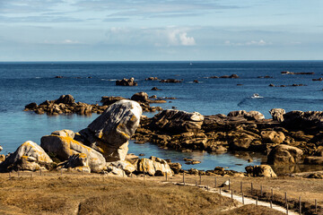 Wall Mural - View from Site de Meneham at the ocean, Kerlouan, historic buildings, Brittany, France