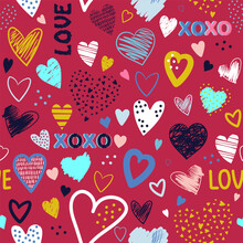 Creative Love Texture. Seamless Pattern With Hand Drawn Scribble Hearts And Text - Love, Xoxo. Vector